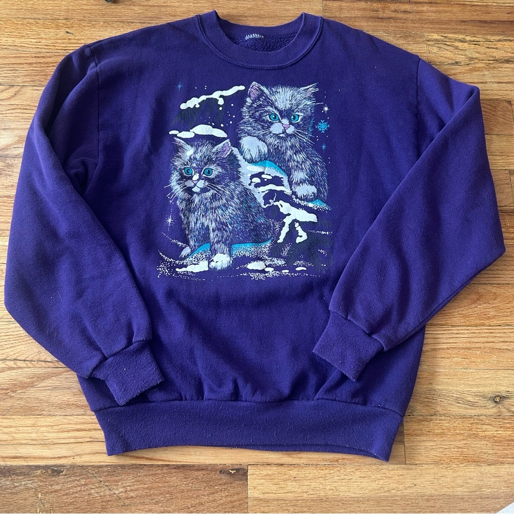 Vintage Grandma Crewneck Pullover Sweater Cats Kittens Purple